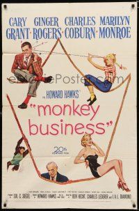 9z641 MONKEY BUSINESS 1sh '52 Cary Grant, Ginger Rogers, sexy Marilyn Monroe, Charles Coburn