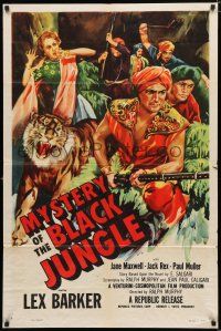 9z658 MYSTERY OF THE BLACK JUNGLE 1sh '55 art of Lex Barker w/rifle by tiger hunting in India!