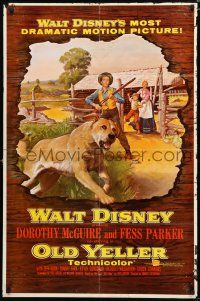 9z688 OLD YELLER 1sh '57 Dorothy McGuire, Fess Parker, great art of Disney's most classic canine!