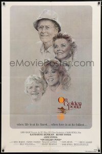 9z691 ON GOLDEN POND 1sh '81 art of Hepburn, Henry Fonda, and Jane Fonda by C.D. de Mar!