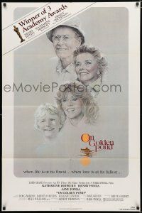 9z692 ON GOLDEN POND awards 1sh '81 art of Hepburn, Henry Fonda, and Jane Fonda by C.D. de Mar!