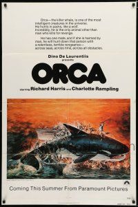 9z698 ORCA advance 1sh '77 artwork of attacking Killer Whale by John Berkey, it kills for revenge!