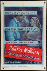 9z713 PERFECT STRANGERS 1sh '50 artwork of pretty Ginger Rogers smoking with Dennis Morgan!