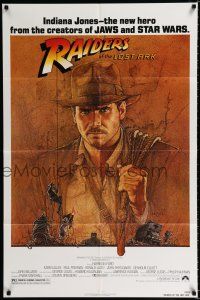 9z751 RAIDERS OF THE LOST ARK 1sh '81 great art of adventurer Harrison Ford by Amsel!