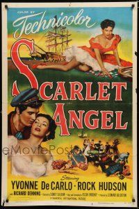 9z811 SCARLET ANGEL 1sh '52 artwork of sailor Rock Hudson & sexy gambling Yvonne DeCarlo!