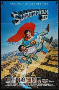 9z892 SUPERMAN III advance 1sh '83 art of Reeve flying w/Richard Pryor by L. Salk!