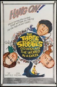 9z925 THREE STOOGES GO AROUND THE WORLD IN A DAZE 1sh '63 wacky art of Moe, Larry & Curly-Joe!
