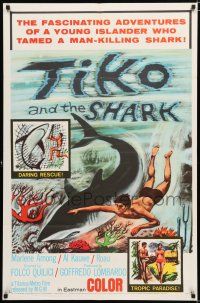 9z928 TIKO & THE SHARK 1sh '64 man tames killer, cool swimming with shark image!
