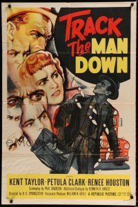 9z942 TRACK THE MAN DOWN 1sh '55 cool art of detective Kent Taylor tracing footsteps, Petula Clark