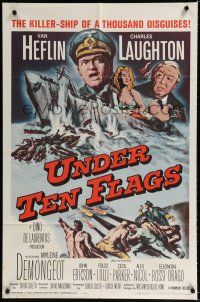 9z949 UNDER TEN FLAGS 1sh '60 art of Van Heflin, Charles Laughton & sexy Mylene Demongeot!