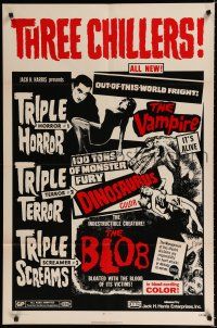 9z955 VAMPIRE/DINOSAURUS/BLOB 1sh '71 B movie chiller horror triple bill!