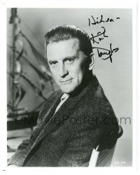 1a803 KIRK DOUGLAS signed 8x10 REPRO still '80s cool seated smiling portrait of the actor!