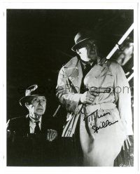 1a845 MICKEY SPILLANE signed 8x10 REPRO still '80s great image in trench coat with gun!