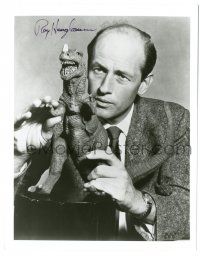 1a869 RAY HARRYHAUSEN signed 8x10.25 REPRO still '80s w/ the dinosaur from One Million Years B.C.!