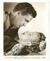 1a585 ROBERT STACK signed 8x10 still '53 romantic close up with Coleen Gray in Sabre Jet!