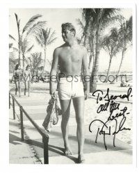 1a913 TROY DONAHUE signed 8x10 REPRO still '80s full-length barechested and walking at the beach!