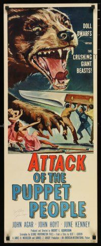 1a207 ATTACK OF THE PUPPET PEOPLE signed insert '58 by John Agar, art of tiny people attacking dog!