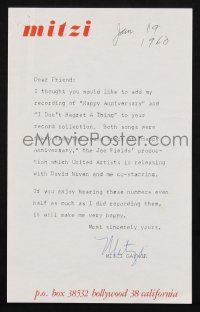 1a246 MITZI GAYNOR signed letter '60 she sent two records of her song recordings to a fan!