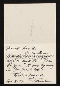1a294 PAUL HENREID signed 3x4 thank you card '72 thanking his friends for a bottle of Dom Perignon!