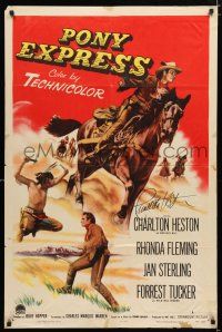 1a021 PONY EXPRESS signed 1sh '53 by Charlton Heston, cool art of him as Buffalo Bill on horseback!