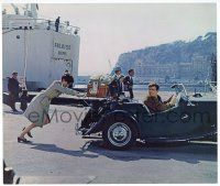 1b246 TWO FOR THE ROAD color 11.25x13.25 still '67 Audrey Hepburn pushing Albert Finney's car!