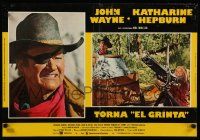 1c535 ROOSTER COGBURN Italian photobusta '75 John Wayne with eyepatch & Katharine Hepburn w/gun!