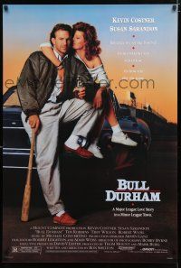 1d139 BULL DURHAM 1sh '88 great image of baseball player Kevin Costner & sexy Susan Sarandon!