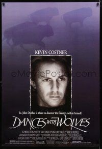 1d191 DANCES WITH WOLVES DS 1sh '90 close portrait of Kevin Costner & running buffalo!