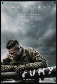 1d308 FURY teaser DS 1sh '14 great image of soldier Brad Pitt, war never ends quietly!