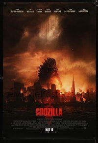 1d322 GODZILLA int'l advance DS 1sh '14 Bryan Cranston, cool image of monster & burning city!