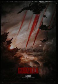 1d323 GODZILLA teaser DS 1sh '14 image of soldiers parachuting over monster & burning city!