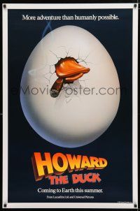 1d385 HOWARD THE DUCK teaser 1sh '86 George Lucas, great art of hatching egg with cigar in mouth!