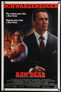 1d651 RAW DEAL 1sh '86 art of tough guy Arnold Schwarzenegger with gun & in suit!