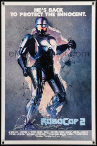 1d666 ROBOCOP 2 int'l 1sh '90 cyborg policeman Peter Weller busts through wall, sci-fi sequel!