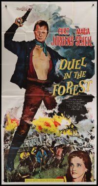 1f676 DUEL IN THE FOREST  3sh '58 artwork of barechested Curt Jurgens, Maria Schell