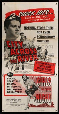 1f720 GIRLS IN THE NIGHT/CITY ACROSS THE RIVER 3sh '55 schoolroom murder & delinquent daughters!