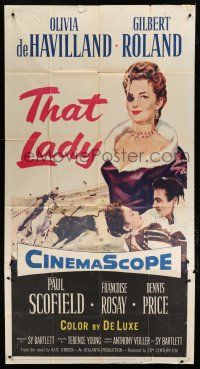 1f934 THAT LADY 3sh '55 close up of Gilbert Roland & Olivia de Havilland with eyepatch!