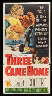 1f941 THREE CAME HOME 3sh '49 artwork of Claudette Colbert & prison women without their men!
