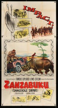 1f998 ZANZABUKU 3sh '56 Dangerous Safari in savage Africa, art of rhino ramming jeep!