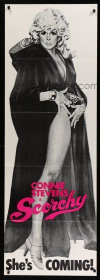 1f029 SCORCHY door panel '76 full-length art of sexy barely-dressed Connie Stevens in black cape!