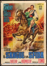 1f445 BLOOD & DEFIANCE Italian 1p '62 art of swashbuckler on horse rescuing beautiful woman!