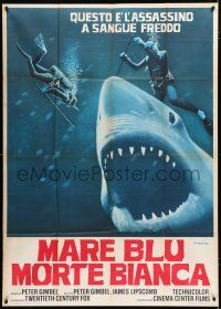 1f447 BLUE WATER, WHITE DEATH Italian 1p '71 art of blue shark & divers by Fiorenzi!