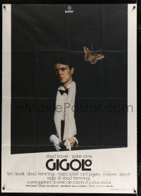 1f505 JUST A GIGOLO Italian 1p '80 different image of David Bowie in tuxedo & butterfly!