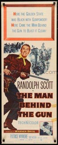 1j626 MAN BEHIND THE GUN insert '52 Randolph Scott blasted the Golden State clean of treason!