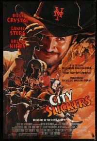 1k143 CITY SLICKERS advance 1sh '91 great artwork of cowboys Billy Crystal & Daniel Stern!