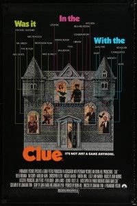 1k148 CLUE 1sh '85 Madeline Kahn, Tim Curry, Christopher Lloyd, cool board game poster design!