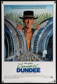 1k162 CROCODILE DUNDEE 1sh '86 cool art of Paul Hogan looming over New York City by Daniel Goozee!