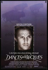 1k169 DANCES WITH WOLVES DS 1sh '90 close portrait of Kevin Costner & running buffalo!