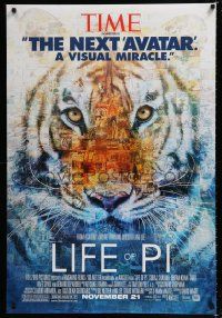 1k430 LIFE OF PI style B advance DS 1sh '12 Suraj Sharma, Irrfan Khan, collage image of tiger