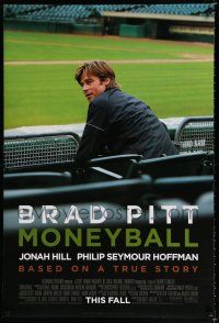 1k493 MONEYBALL advance DS 1sh '11 great image of Brad Pitt sitting in stands at baseball field!